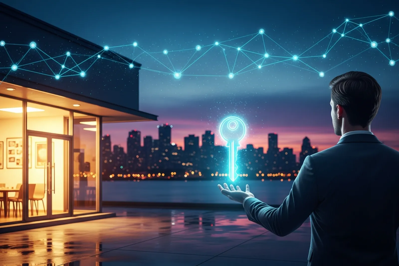 An entrepreneur reaching for a luminous key of light in front of a glowing small-business storefront at twilight