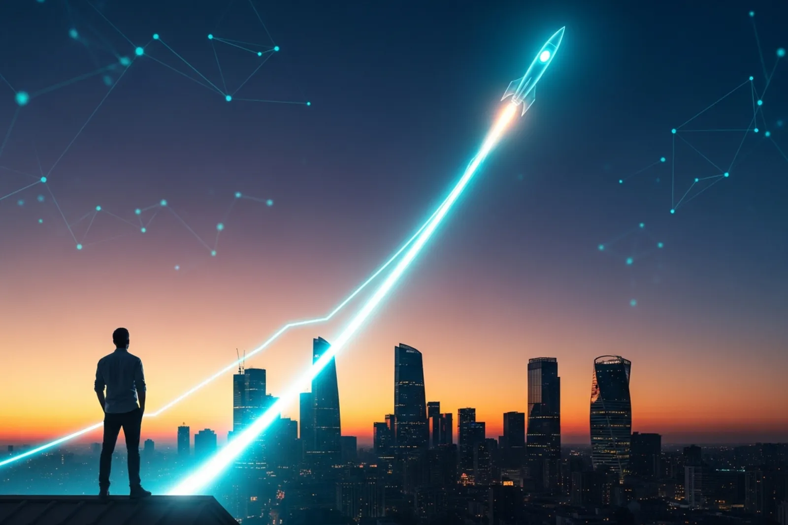 A founder on a rooftop at dusk watching a glowing cyan rocket of light arc upward over the city, its trail forming a rising growth curve