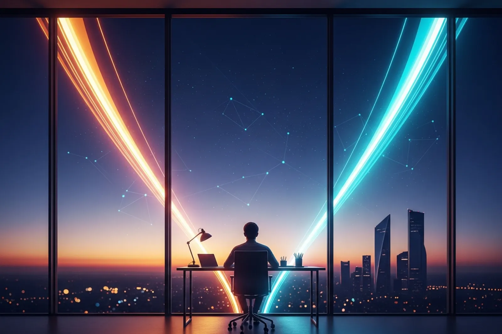 A founder at a desk by a floor-to-ceiling window at dusk, watching two glowing ribbons of light diverge toward the city skyline