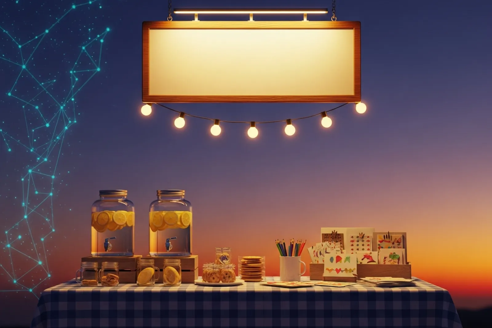 A cheerful handmade market stand at golden dusk with a blank glowing signboard, string lights, lemonade jars, and craft goods on the table