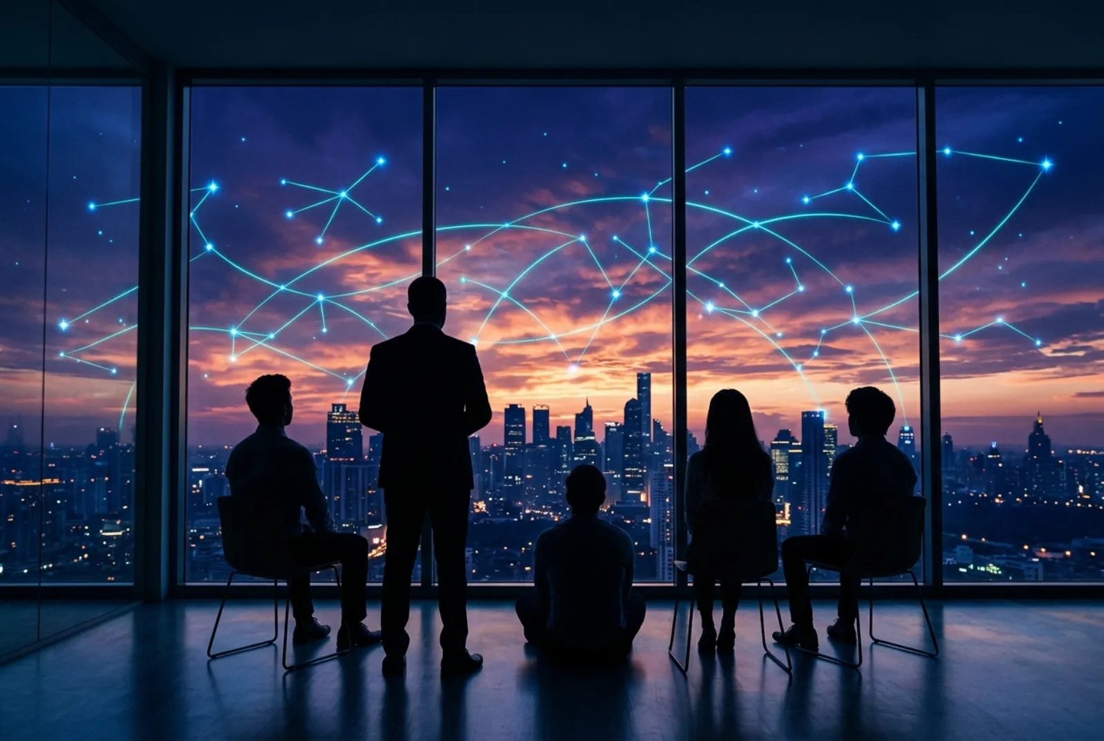 A mentor standing before a small seated group, all in silhouette, facing windows where glowing constellation paths cross the sunset sky over the city