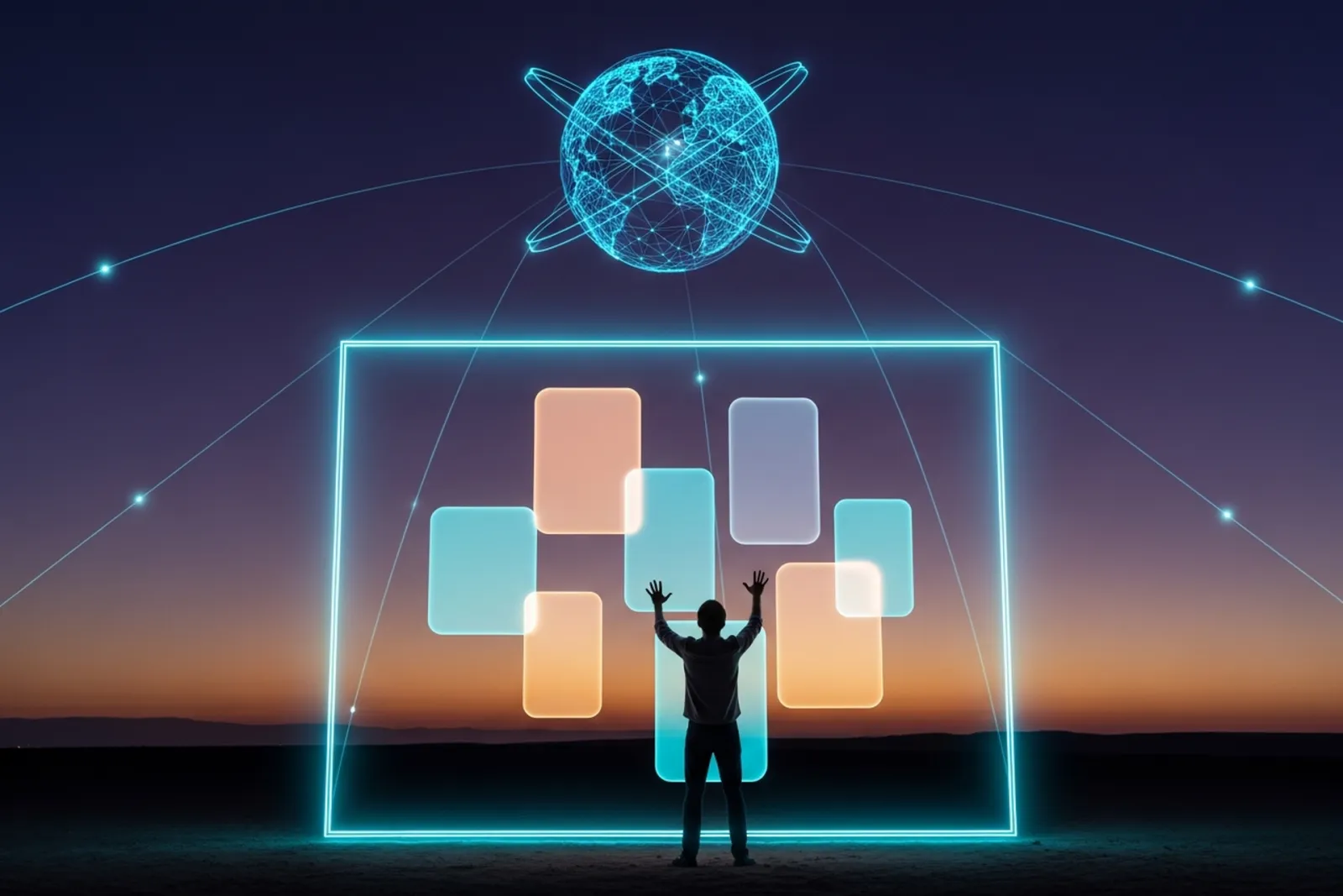 A founder before a glowing storefront of light, assembling floating product cards of cyan and orange beneath a wireframe globe