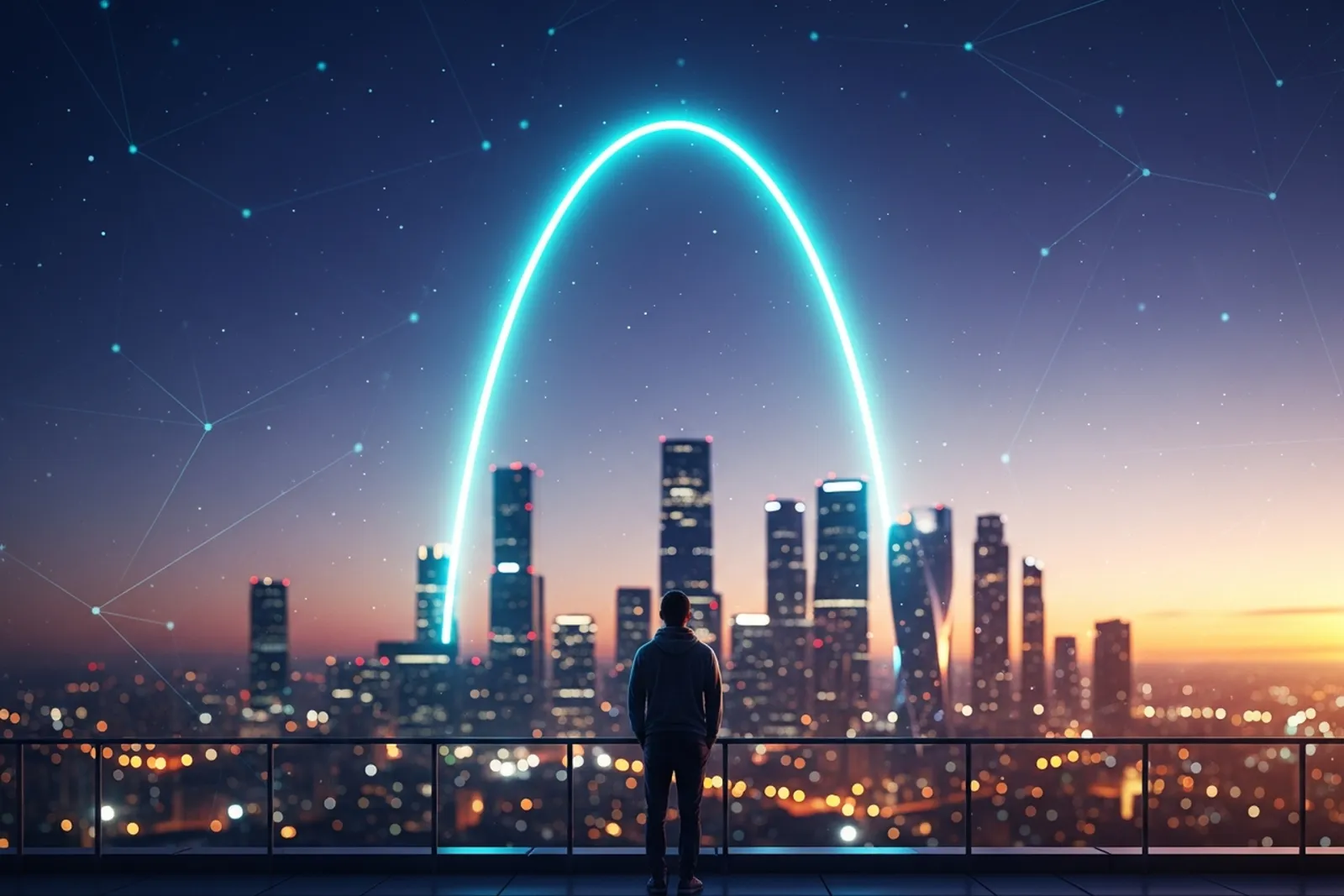 A founder seen from behind on a rooftop terrace at dusk, gazing at a glowing cyan arc of light curving upward over the city skyline