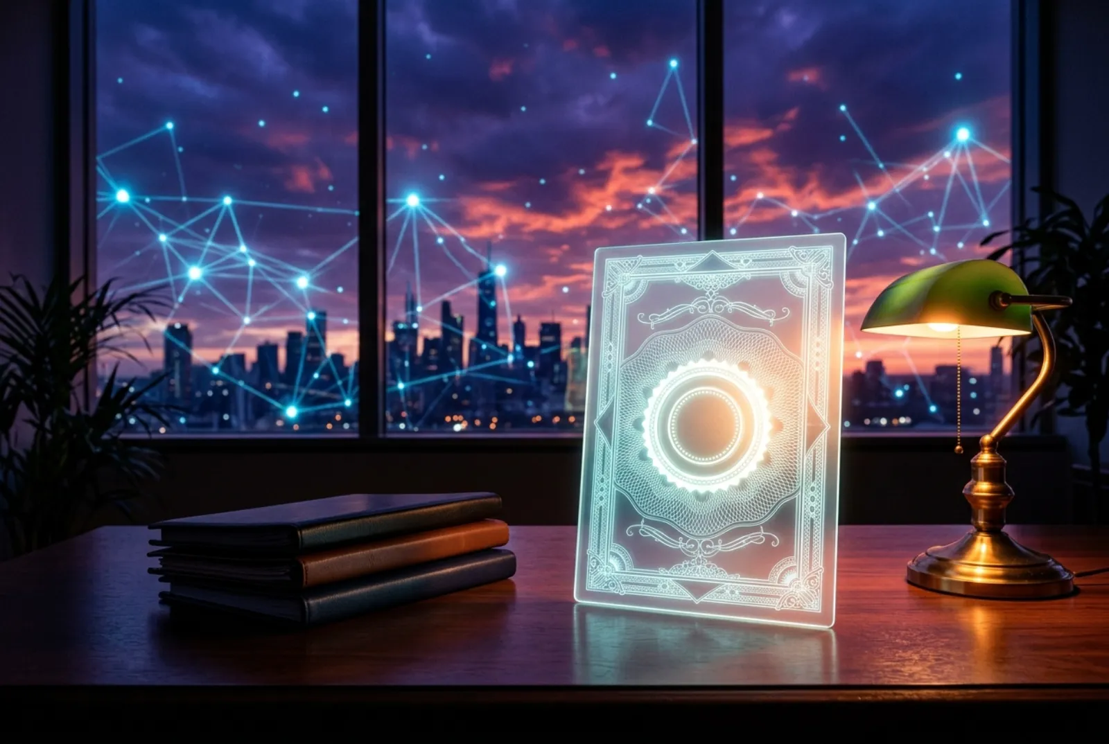 A glowing engraved business license certificate with a luminous seal standing on a desk beside notebooks and a banker's lamp, twilight skyline and network lines outside