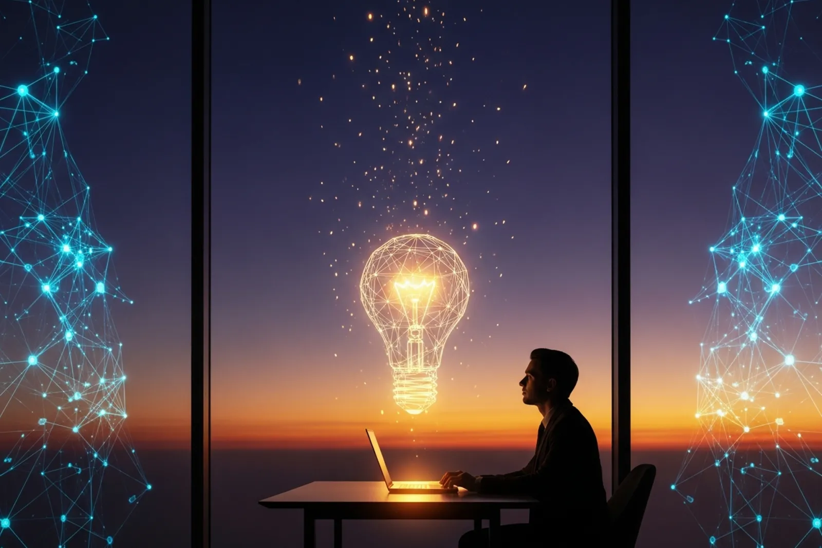 A founder seated in profile at a minimalist desk, watching a glowing golden wireframe lightbulb float above the desk against a purple and orange sunset