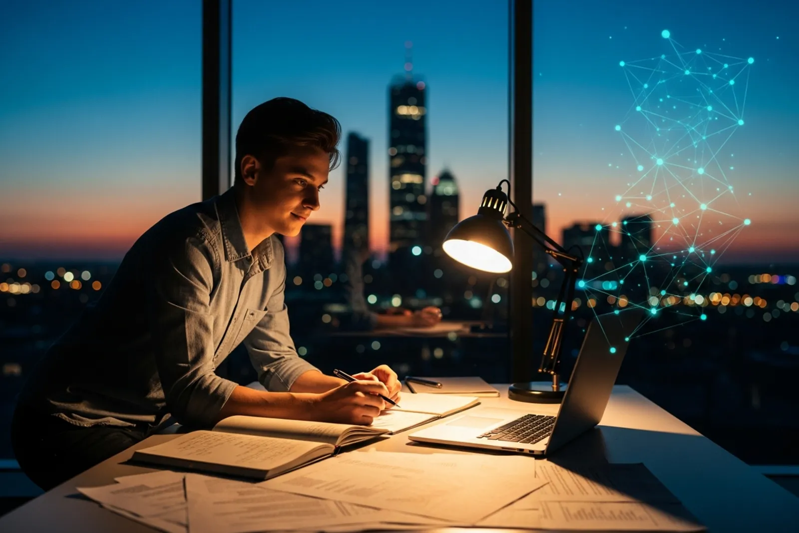 A student leaning over a desk at night writing in a notebook beside a laptop and scattered papers, city skyline lights through the window