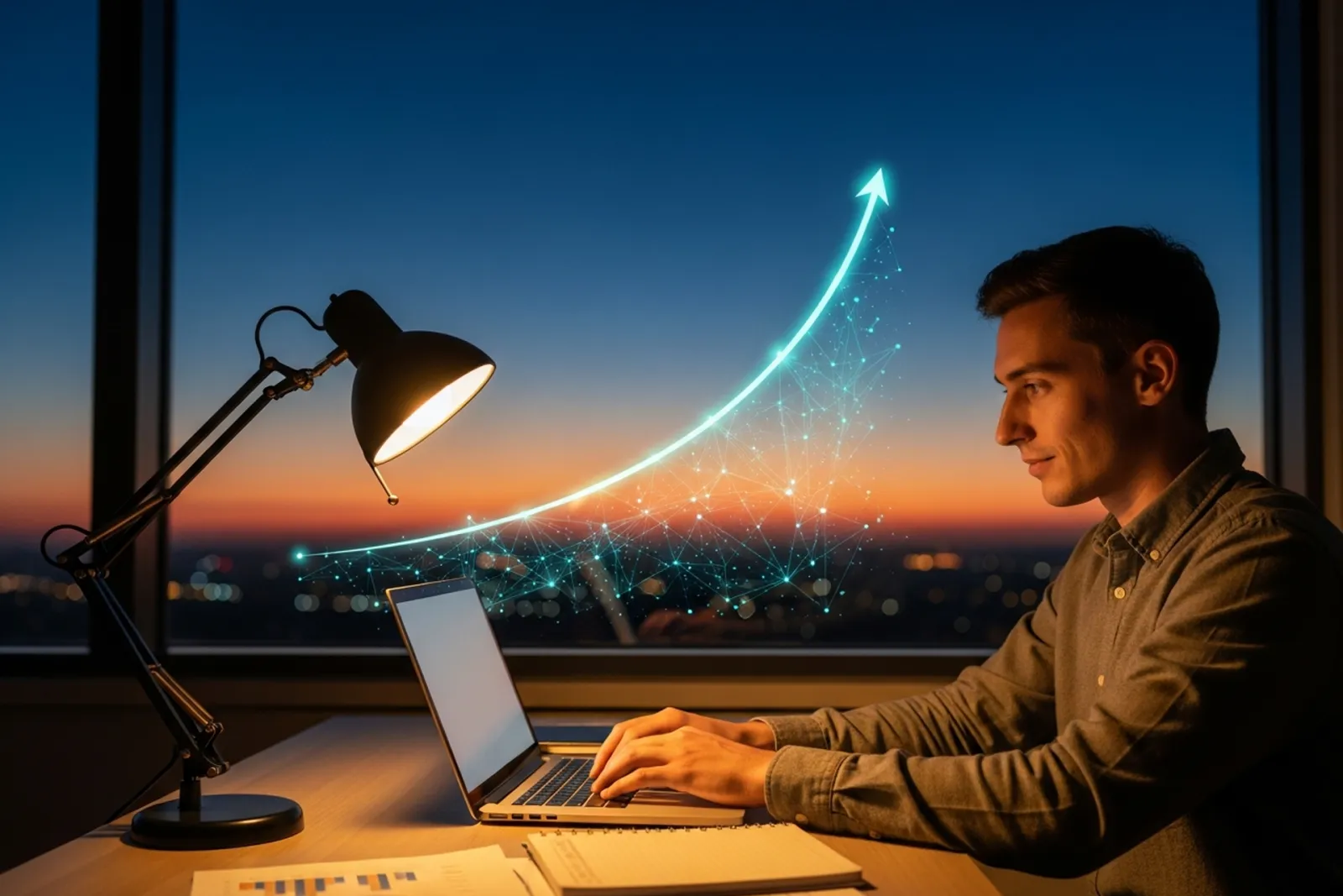 A young founder typing on a laptop by a twilight window with a glowing growth arrow rising over the city outside