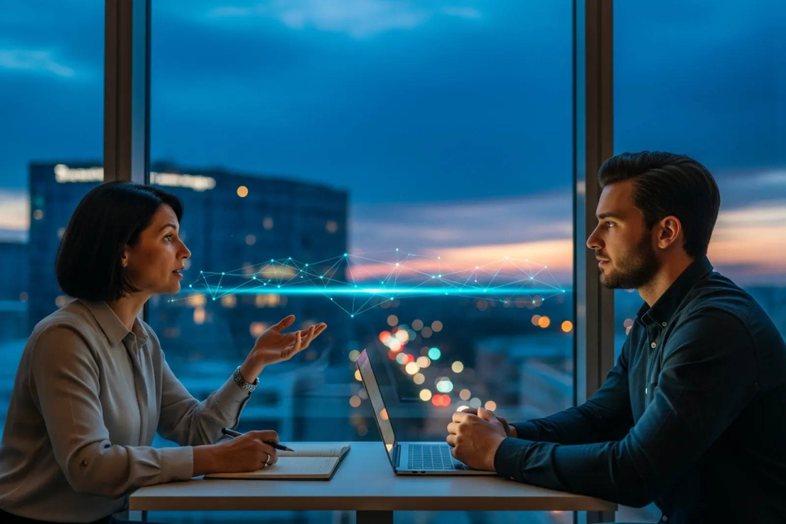 A coach and a younger founder in an evening one-on-one meeting at a table with a laptop and notebook, night city skyline and a cyan network line behind them