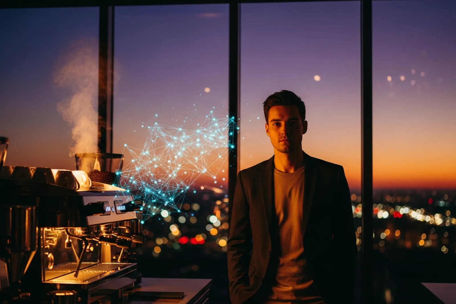 A confident young founder standing inside a warm-lit modern coffee shop at dusk, espresso machine glowing behind the counter and a twilight city visible through the windows