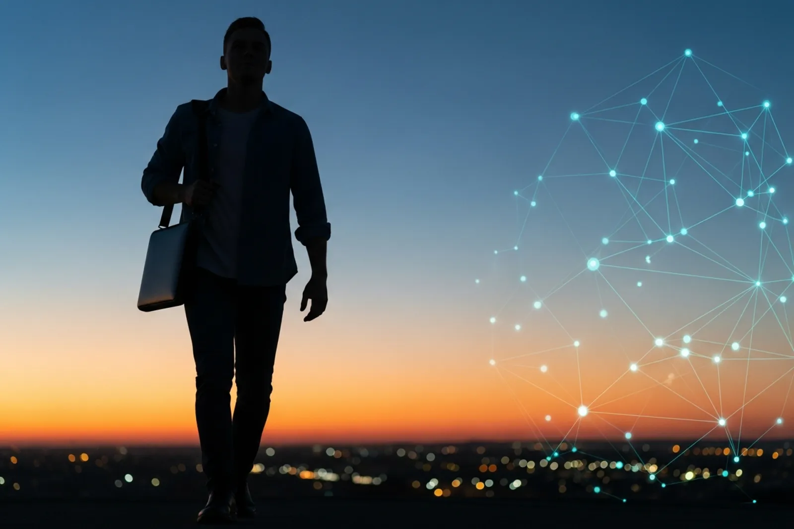 An entrepreneur with a laptop bag walking forward at sunset beneath a glowing constellation network in the twilight sky