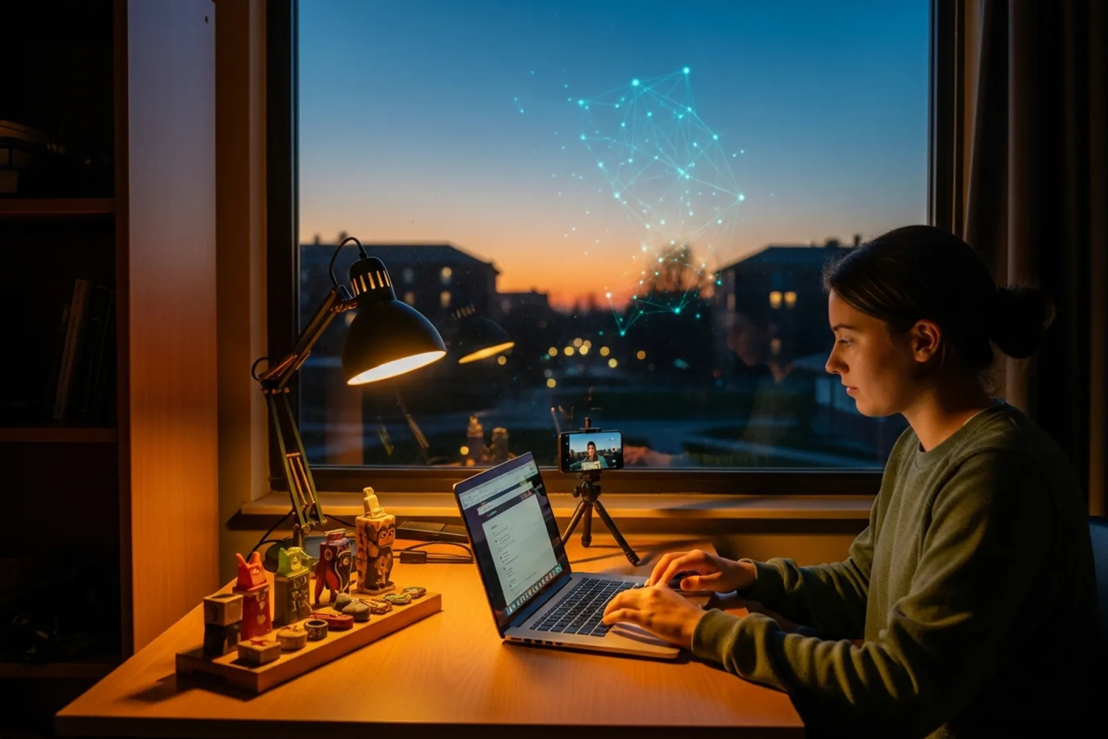 A college student at a dorm desk at dusk typing on a laptop while a phone on a tripod films her handmade crafts