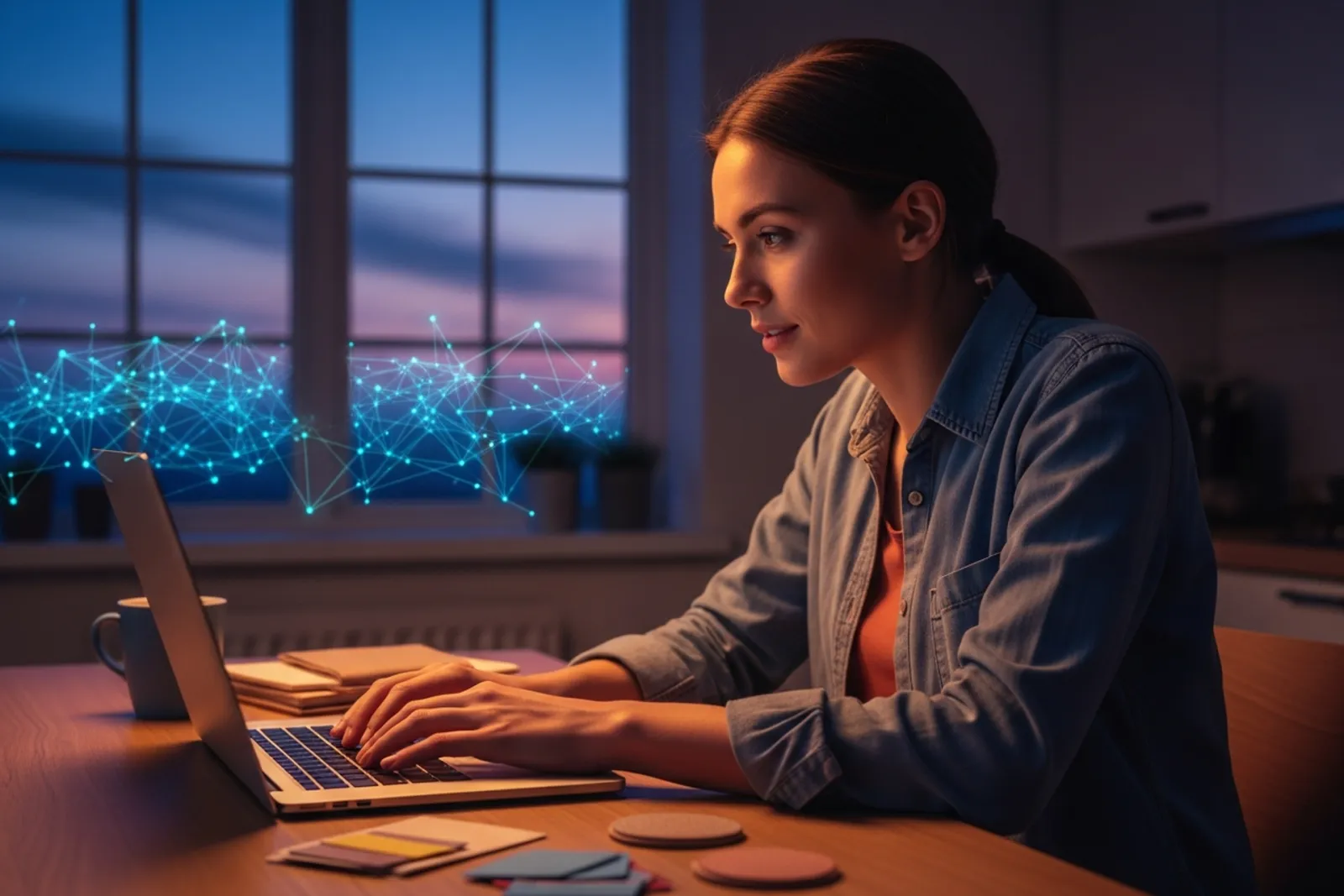 A high school student typing on a laptop at the kitchen table at dusk, a glowing network drifting across the twilight sky outside the window