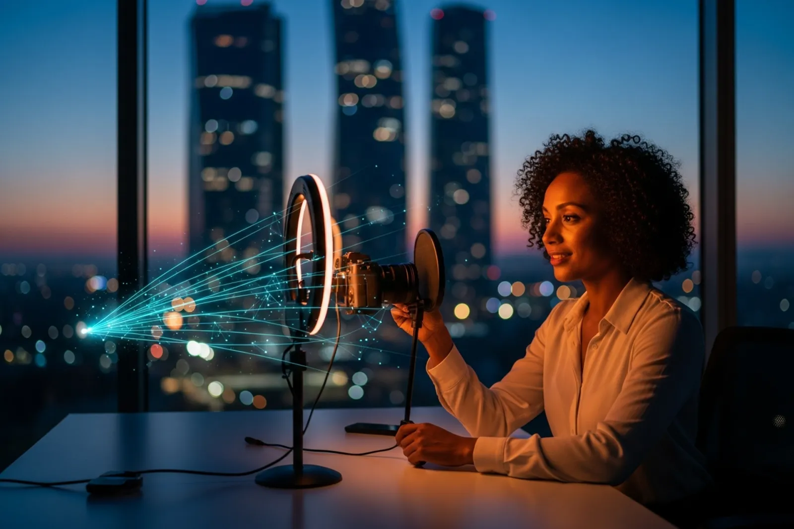 A founder recording a video at her desk with a camera and ring light at dusk, glowing network lines fanning out toward the city skyline through the window behind her