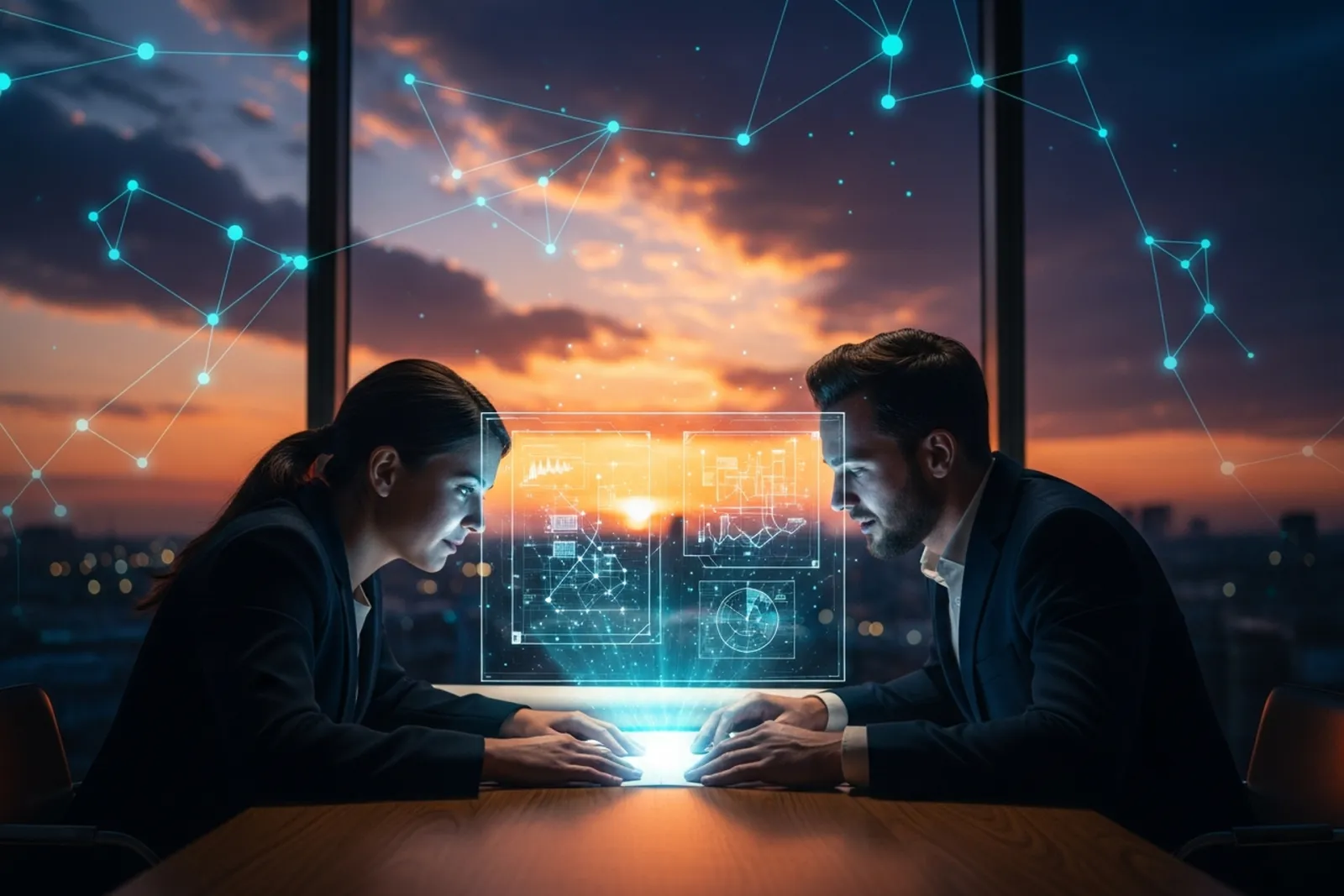 Two business partners seated across a wooden table at dusk, reviewing a glowing translucent planning hologram between them, with a warm sunset sky and city skyline through the windows behind them