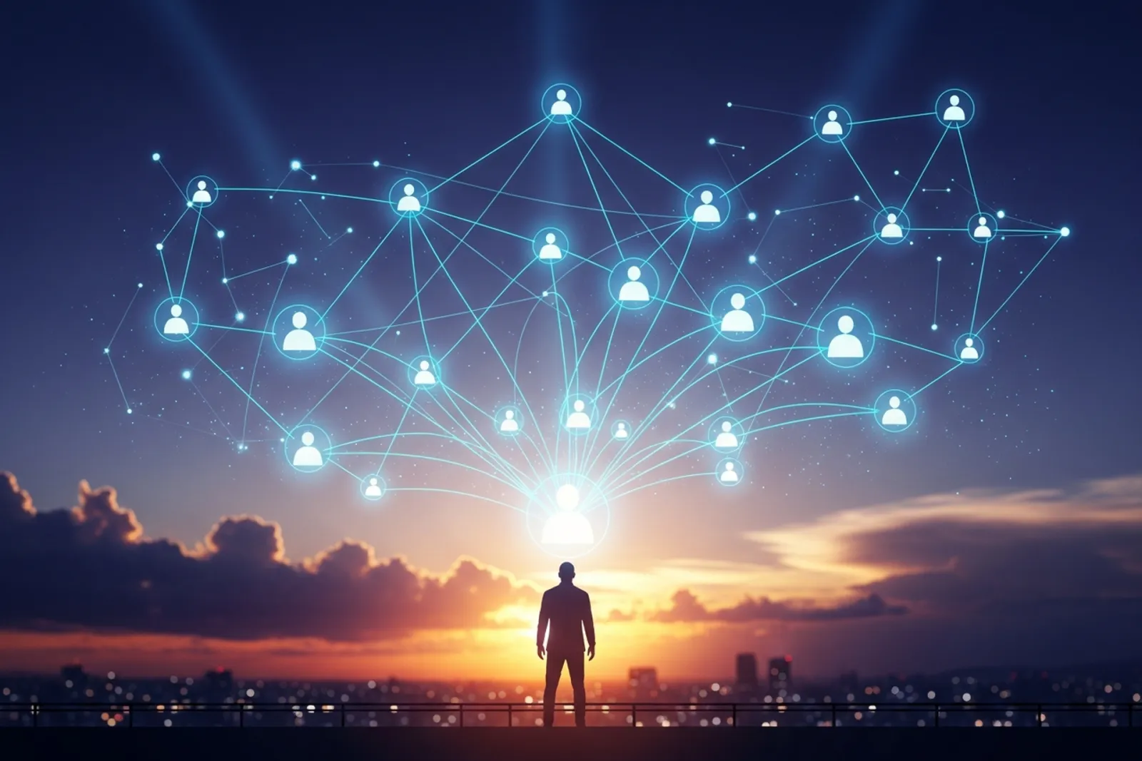 A founder standing on a rooftop at dusk as a glowing constellation of connected people fans out around them, with a city skyline and warm orange and indigo sunset sky beyond