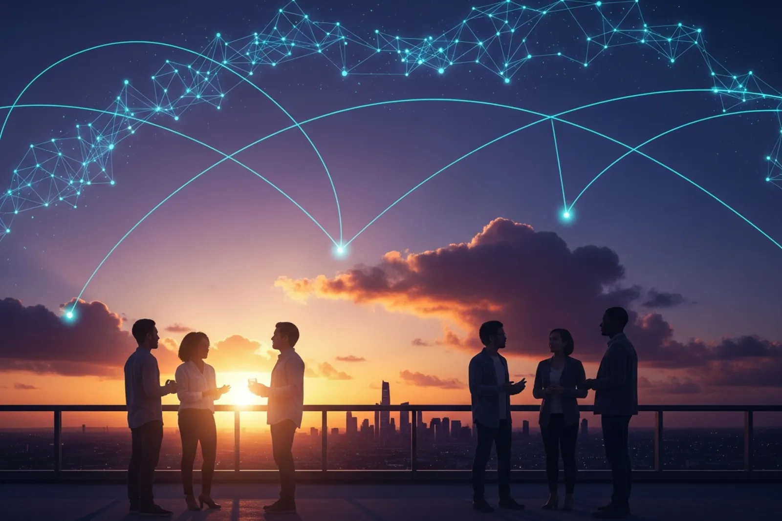 Silhouetted founders in conversation at a rooftop networking event at sunset, glowing cyan connection arcs linking the groups beneath a constellation network in a deep indigo and orange twilight sky