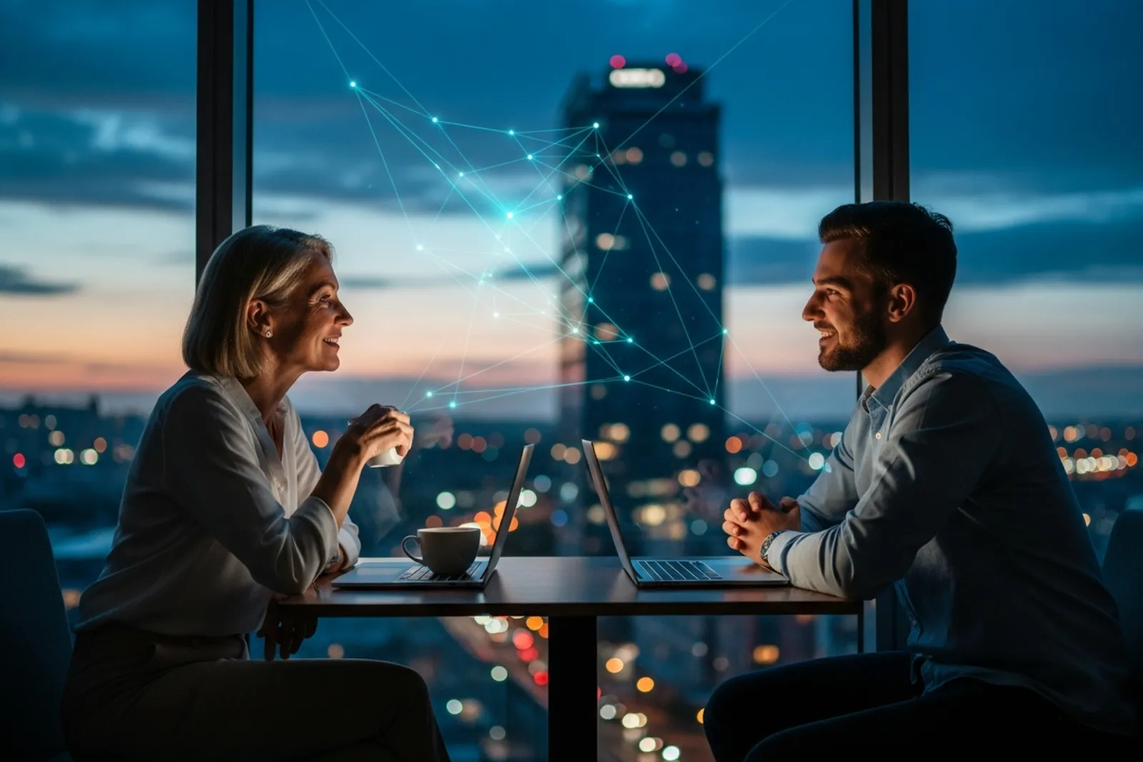 A mentor and a young founder talking over laptops and coffee by a window at night, with the city skyline and a soft glowing network behind them