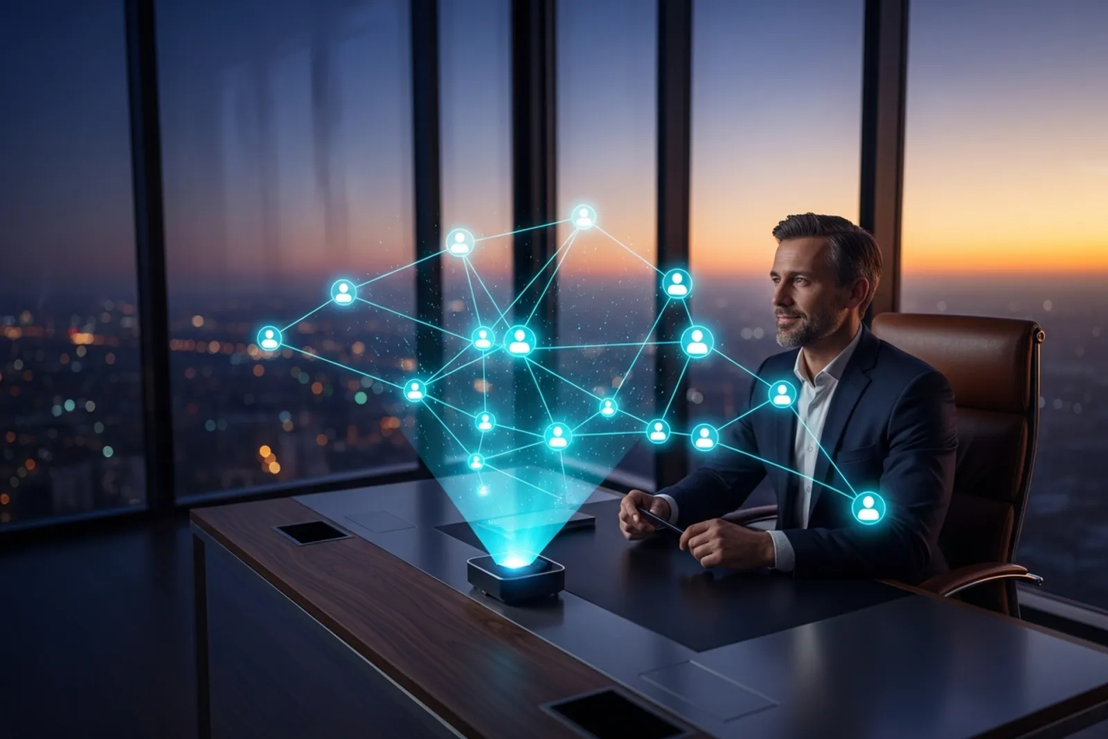 A founder at a desk reviewing a holographic network of connected customer contacts glowing above the desk at dusk
