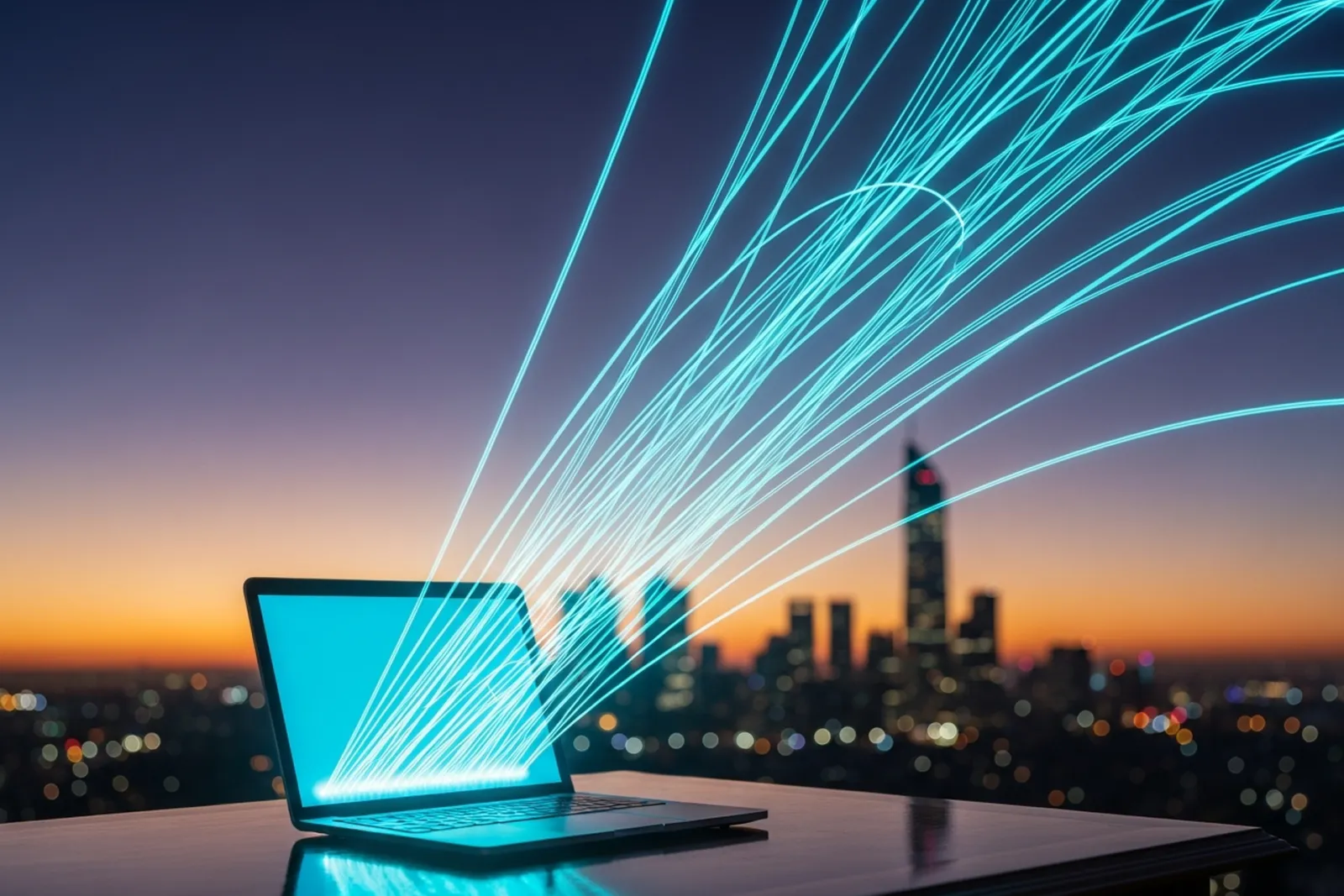 A single glowing cyan laptop on a desk radiating multiple streams of light outward over a city skyline at dusk, representing many online business paths from one starting point