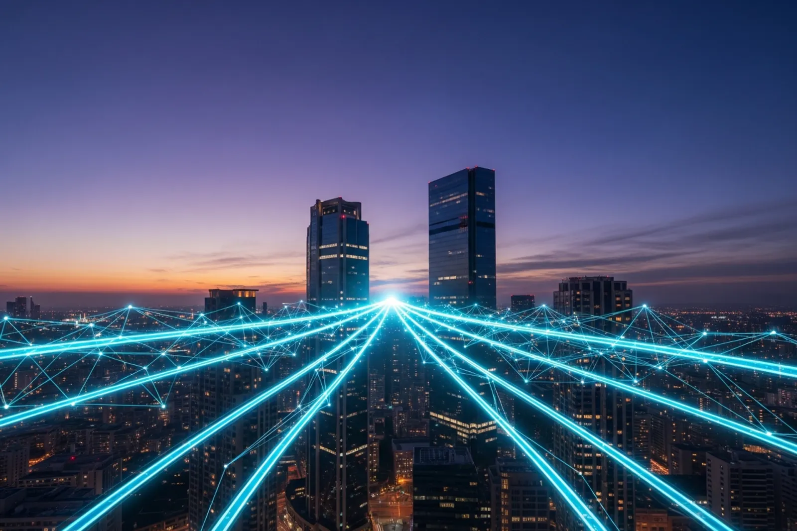 Cinematic twilight cityscape with several glowing cyan light-streams converging from different directions toward one bright central node above the skyline