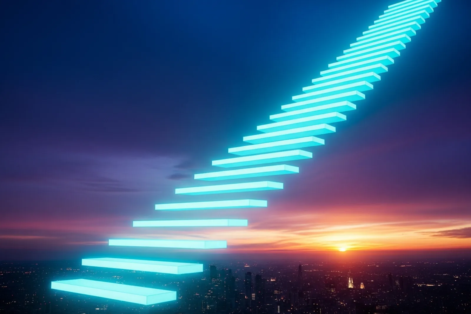 A glowing cyan staircase of light ascending through a deep twilight sky above a city skyline, representing the stages of startup fundraising