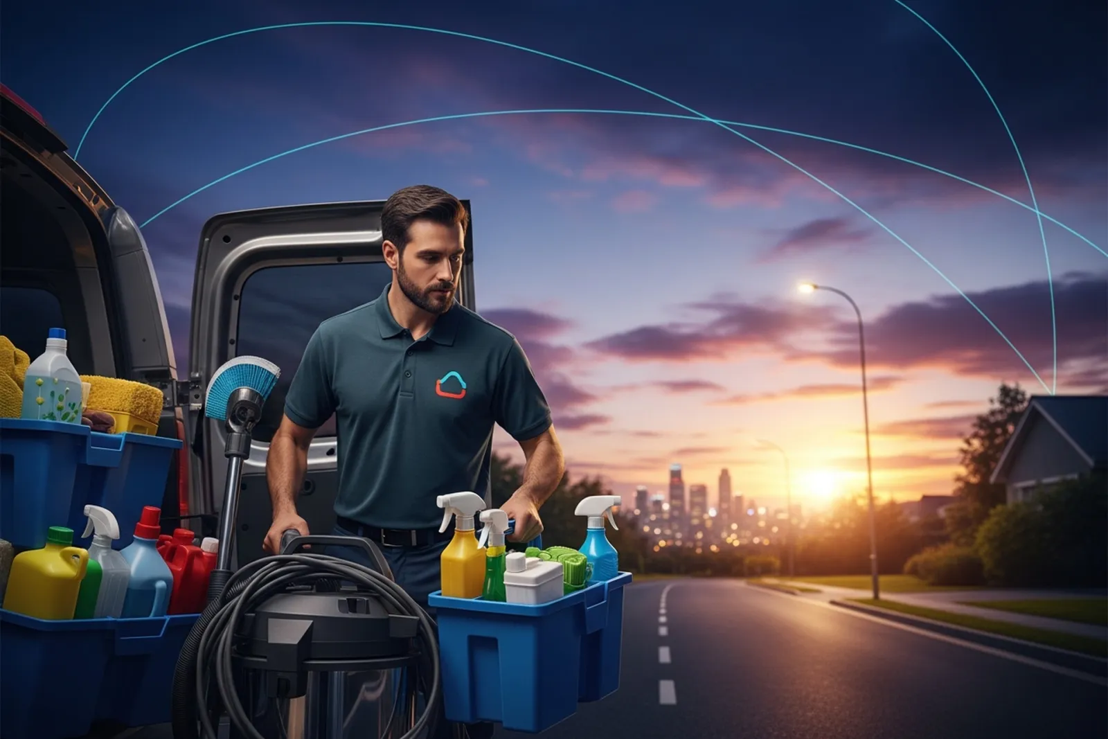 A professional cleaner in a teal polo unloading a vacuum and a caddy of supplies from a service van at sunset