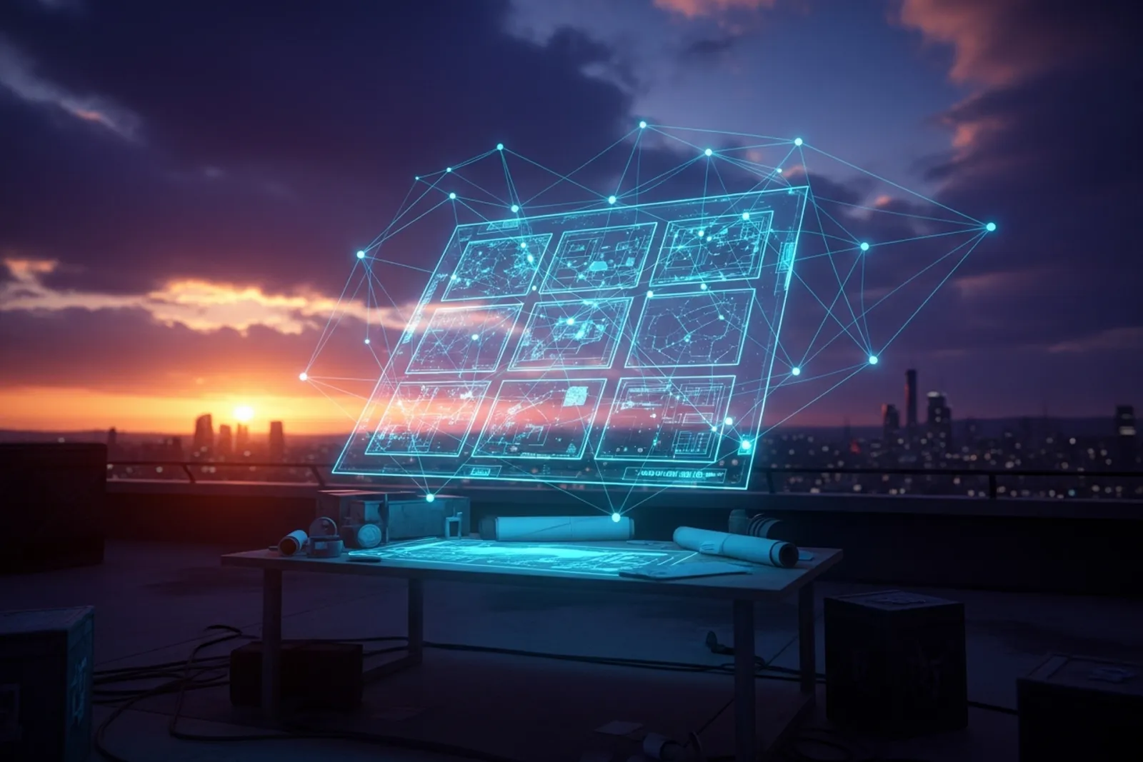 A glowing translucent blueprint board of nine luminous panels in a three by three grid floating above a rooftop worktable, thin constellation lines connecting the panels under a deep indigo and orange twilight sky
