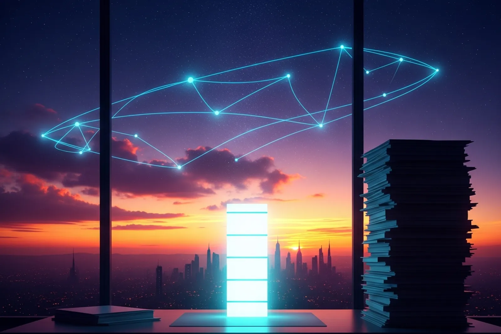 A single glowing one-page canvas of light hovering above a rooftop desk beside a tall stack of dim paper documents, cyan constellation lines in a purple and orange twilight sky over a city skyline