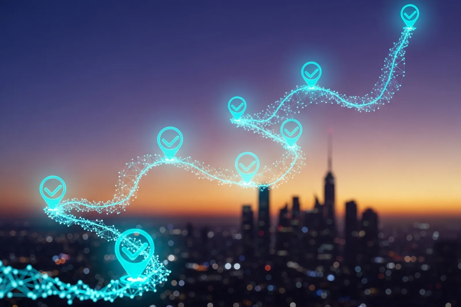 Glowing cyan flow of connected task nodes and checkpoints tracing a path across a city skyline at twilight, representing strategy turning into a sequence of tasks
