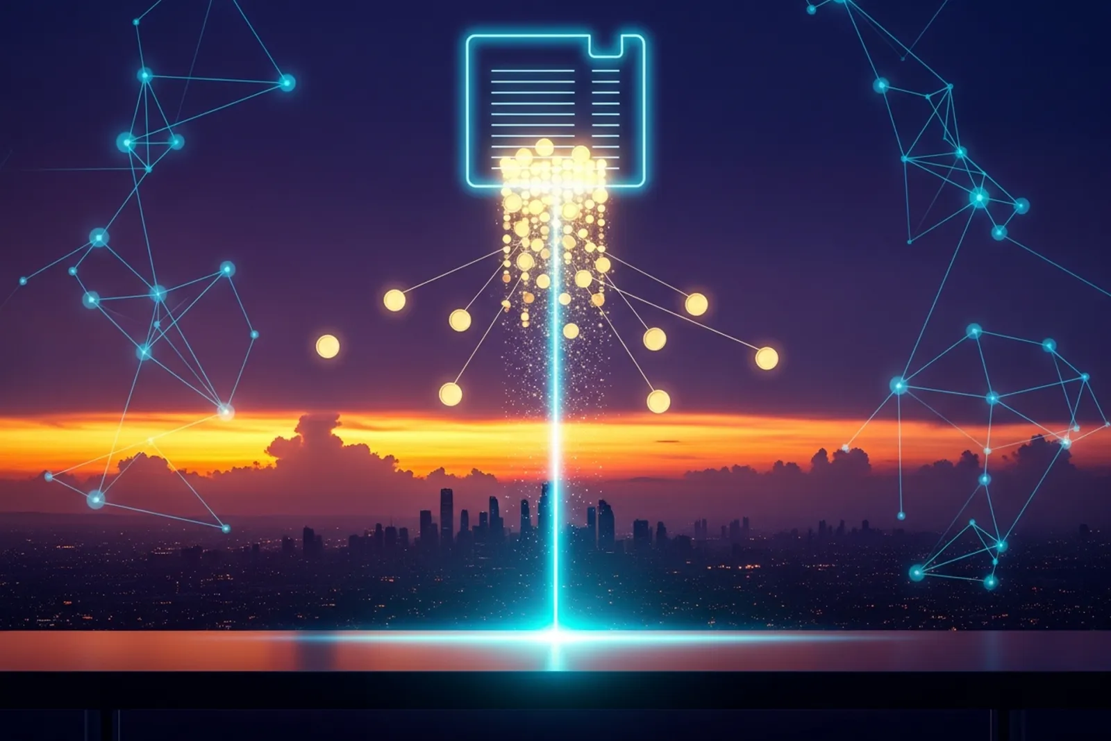A glowing financial statement of light on a rooftop worktable with streams of golden coins flowing in and branching out, and a bright cyan profit beam rising into a purple and orange twilight sky