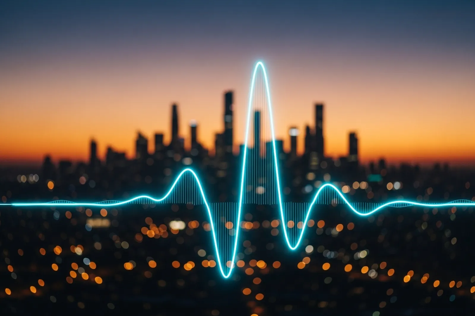 A glowing cyan sound wave rising like a pulse of light over a twilight city skyline, representing a spoken elevator pitch landing