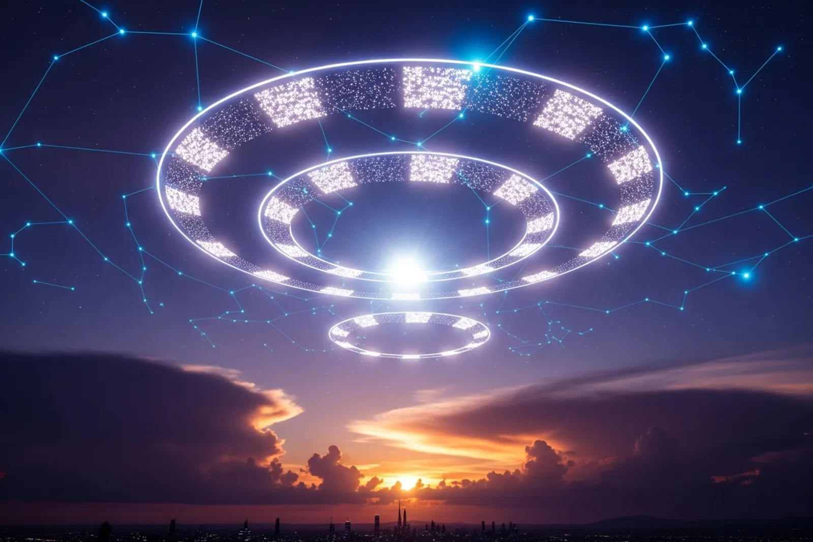 Giant glowing concentric rings of segmented market data hovering in a deep indigo twilight sky above a sunset city skyline, woven through with cyan constellation network lines