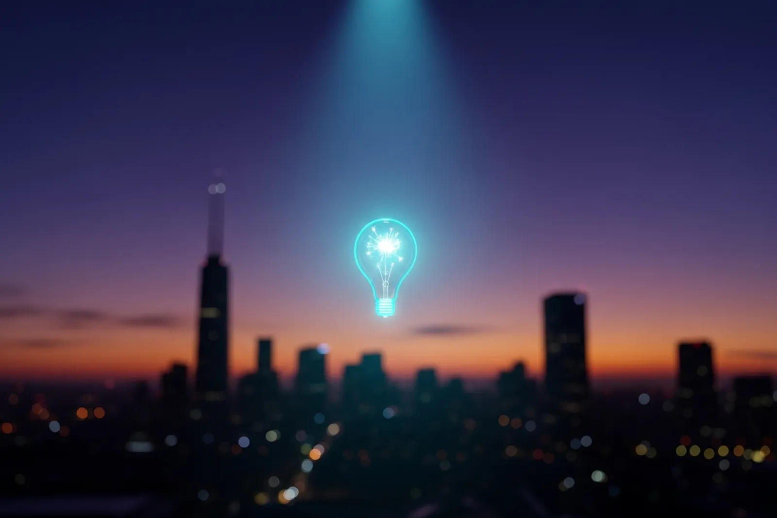 A single glowing cyan idea spark tested under a soft beam of light above a twilight city skyline, symbolizing a business idea being validated before it is built