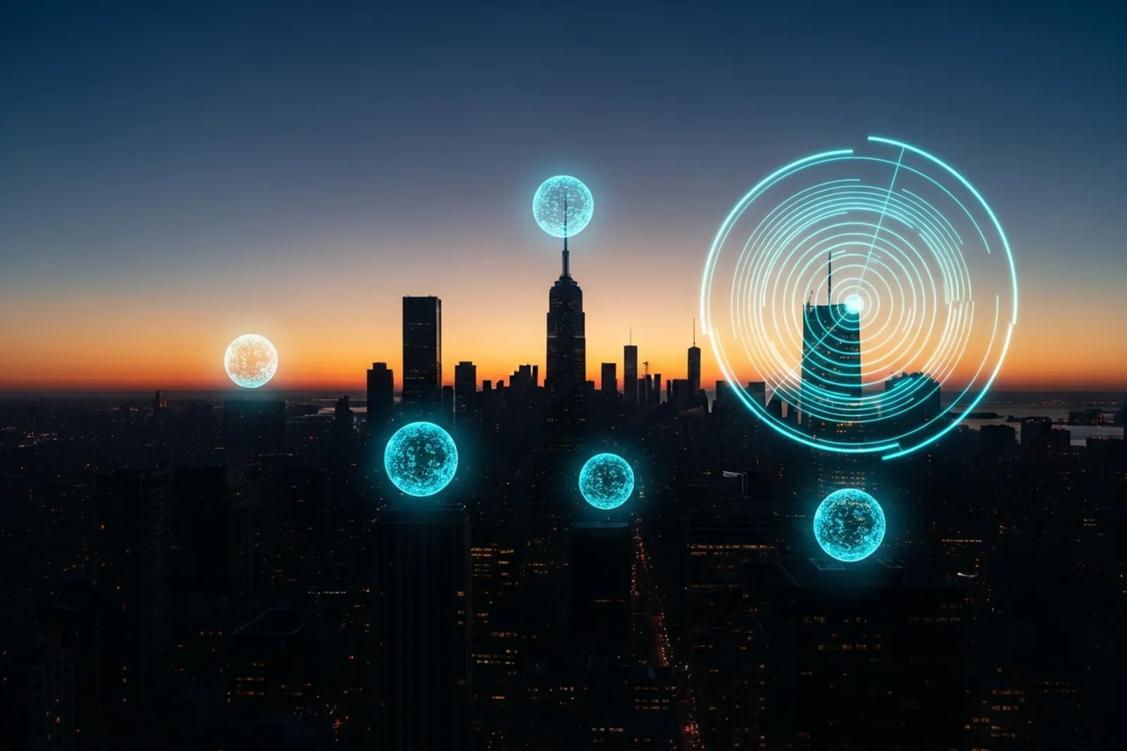 A glowing cyan radar sweep scanning across a twilight city skyline, illuminating several distinct pulsing network nodes representing competitors being compared