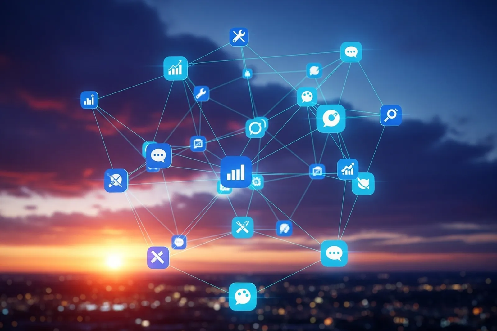 A glowing constellation of cyan tool-icon nodes of light connected across a modern city skyline at dusk, representing a curated AI toolkit