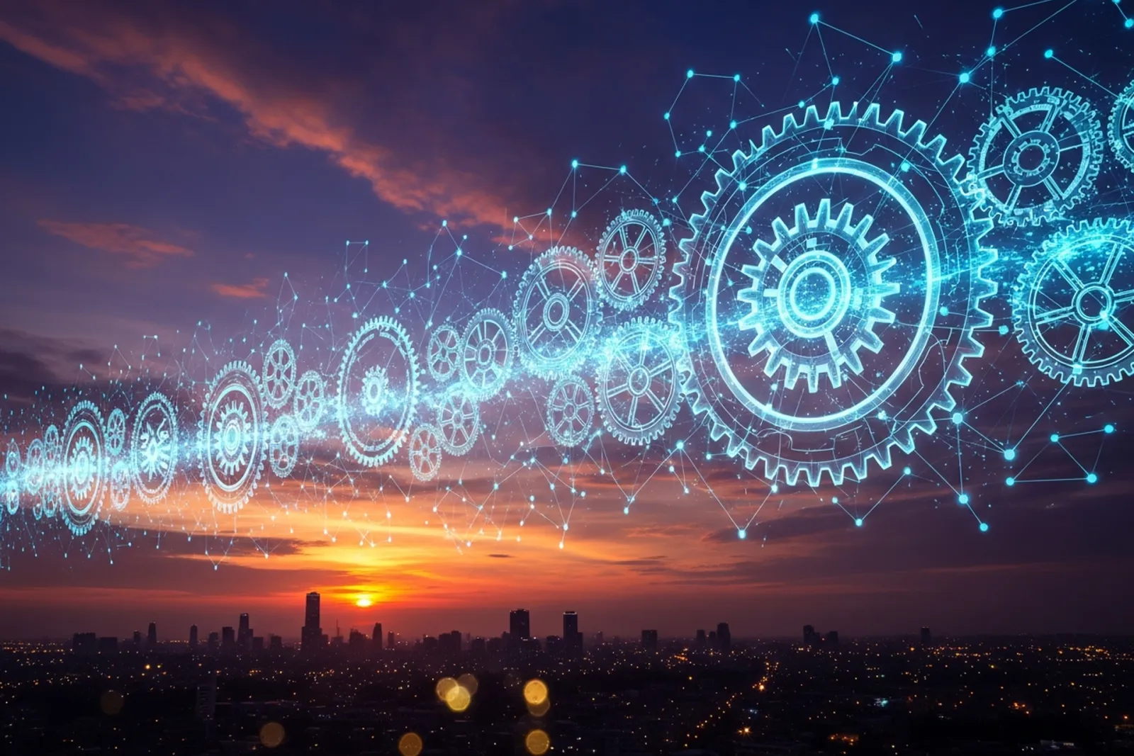 A glowing cyan network of light nodes and gear-like connections flowing above a modern city skyline at dusk, representing automated workflows