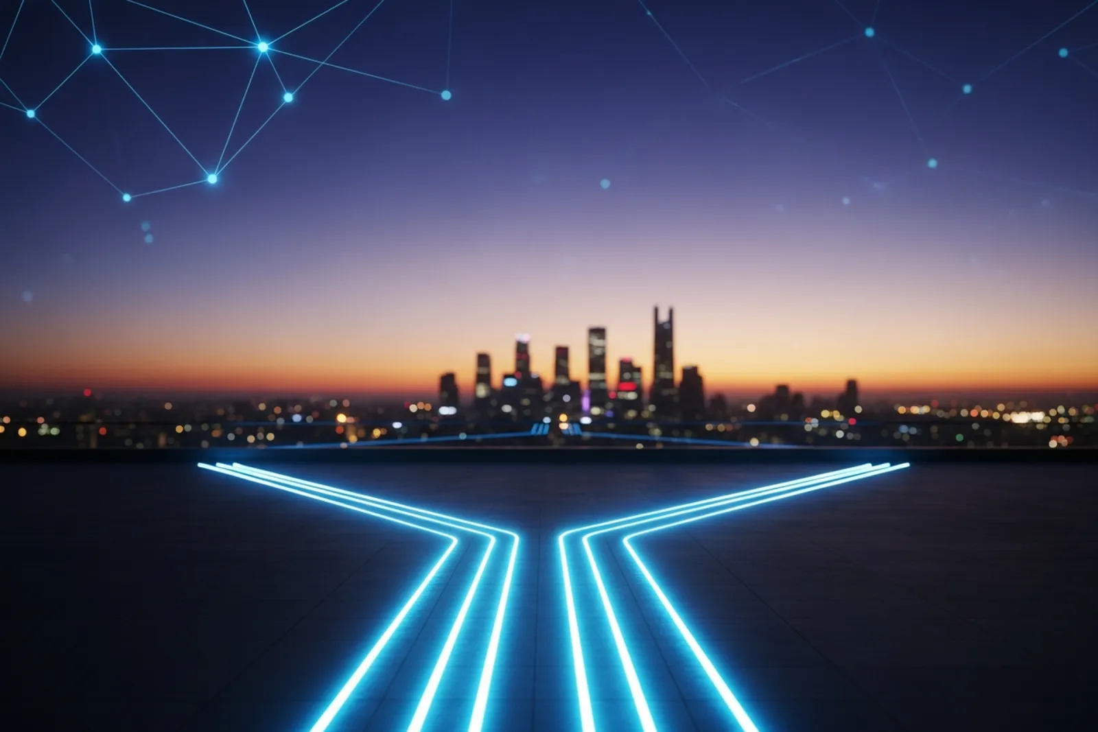 A glowing path of light forking into two distinct routes across a twilight cityscape, symbolizing a business structure decision