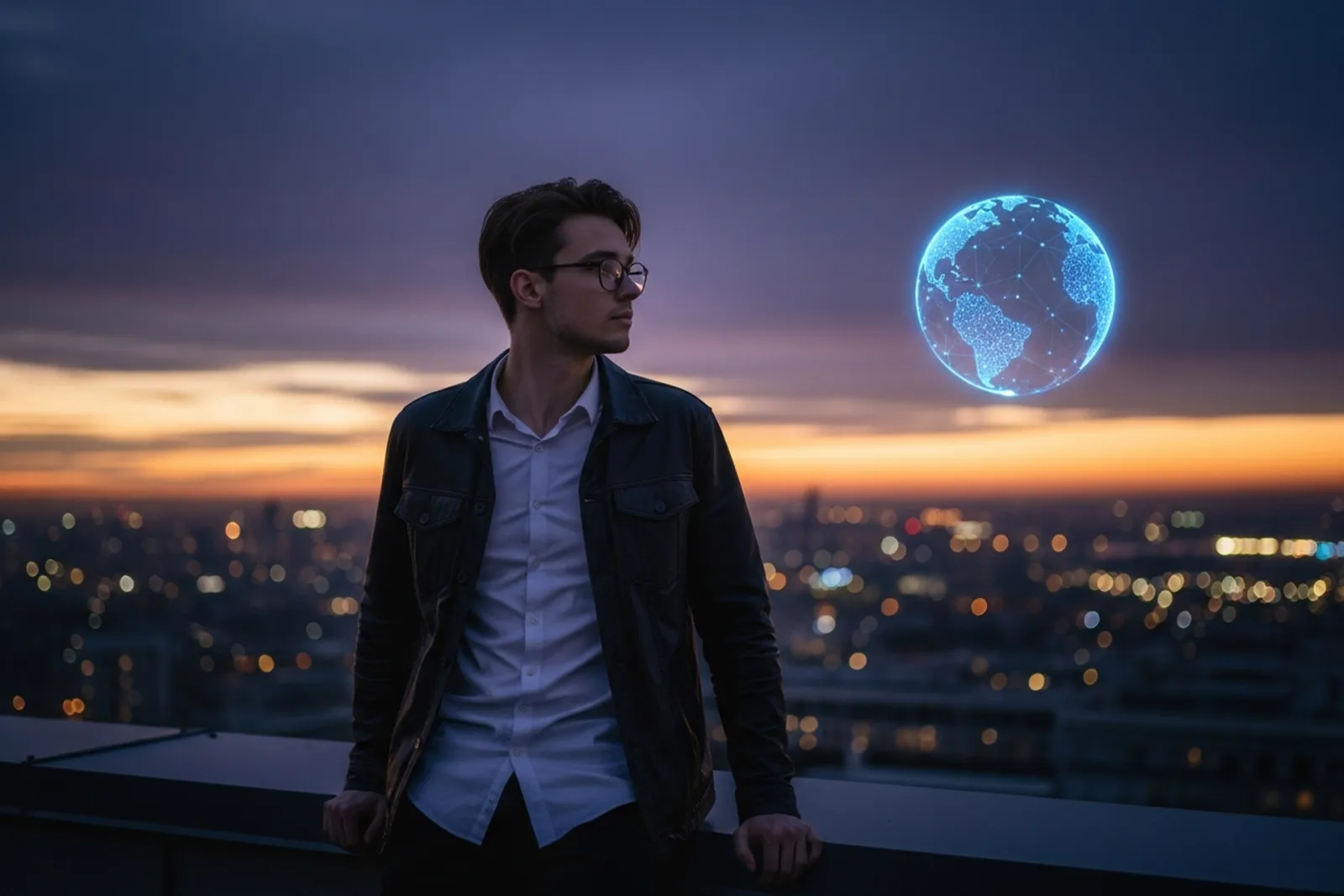 Abstract illustration of a young founder standing at the center of an interconnected web of ideas, tools, and community nodes on a deep navy background with orange highlights