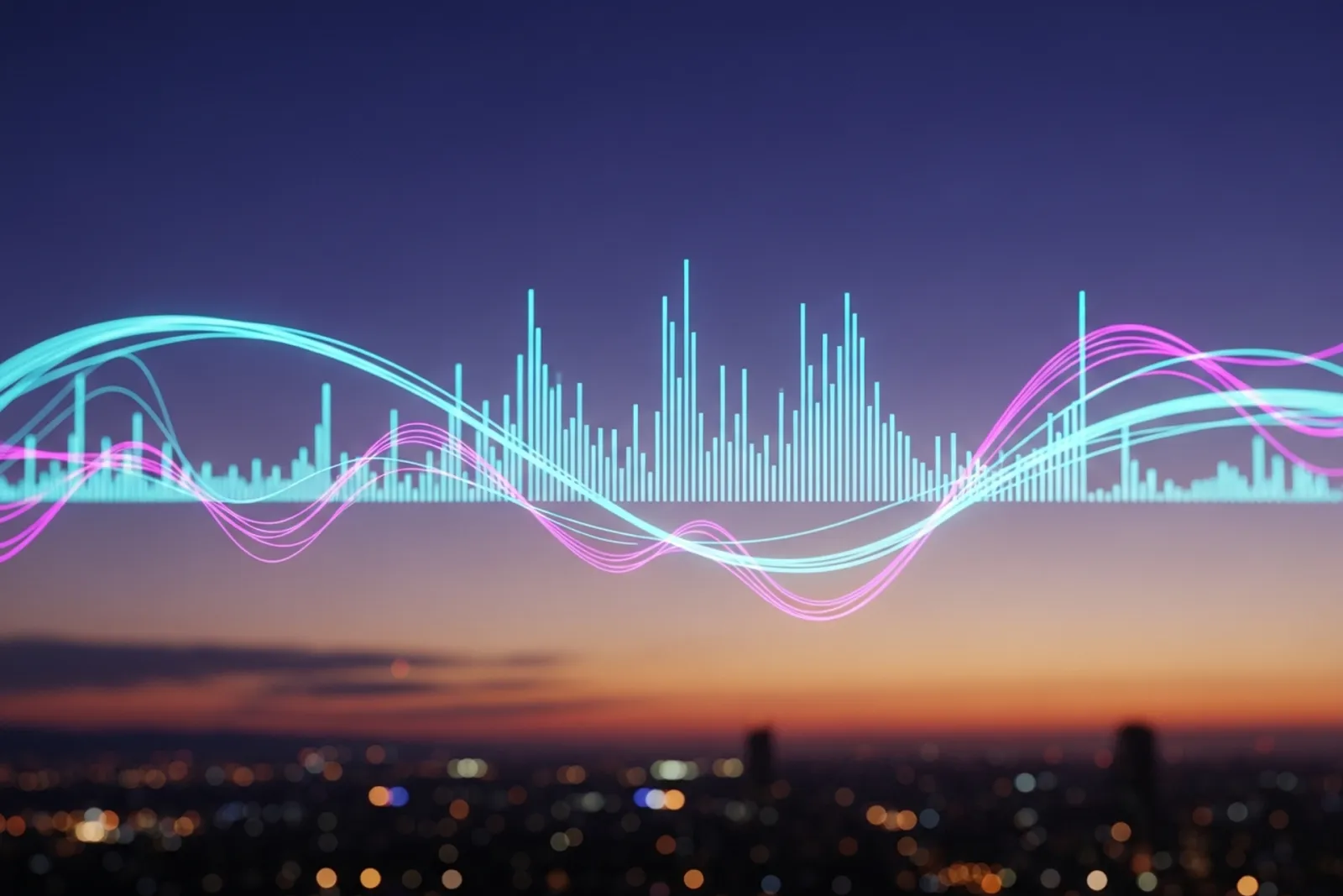 Abstract digital illustration of bright orange waveform shapes radiating from a glowing white origin point on a deep navy background, suggesting market signals converging into insight