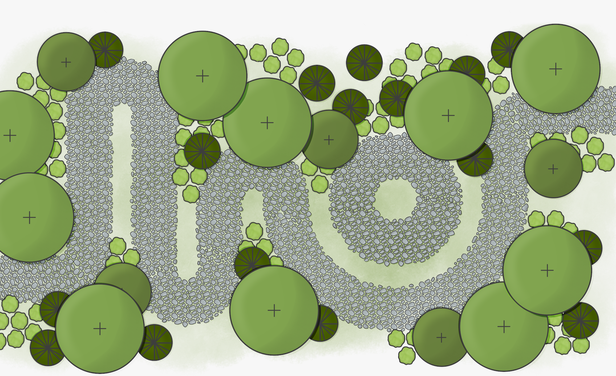 Planting plan drawn as the MDI monogram, formed from tree canopies and gravel textures