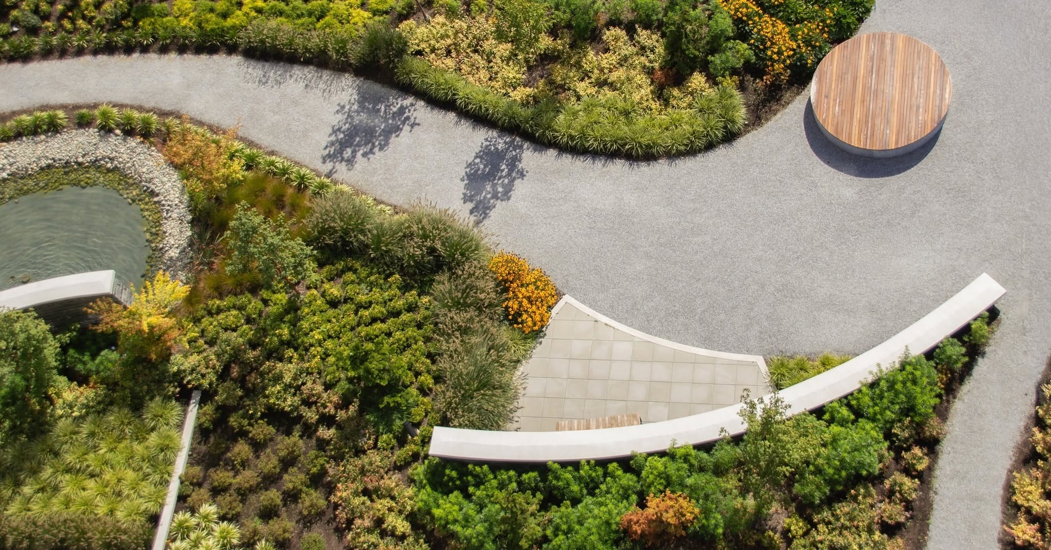 Aerial view of a curving concrete path through dense native plantings beside a round wooden deck