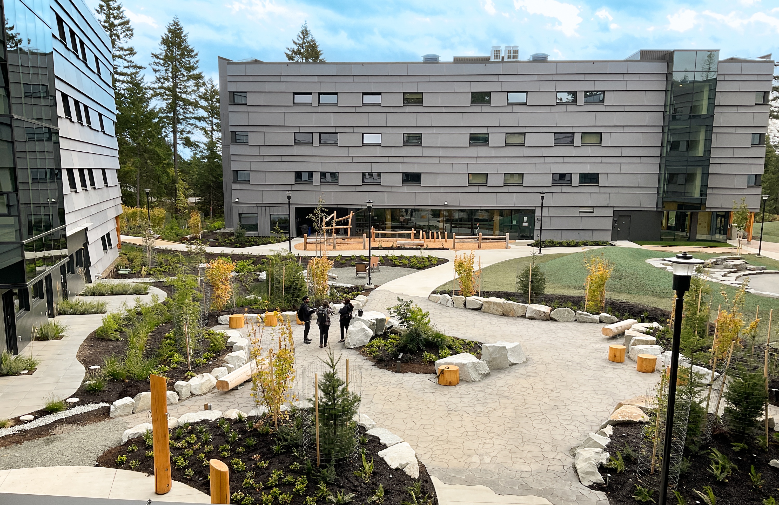Students on winding paths through a courtyard of young conifers, boulders and cedar log seating outside the housing building.