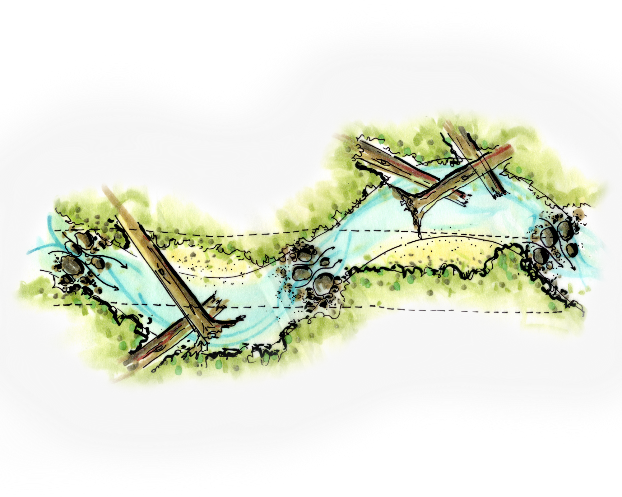Sketch of a river reach with large woody debris, boulder clusters, sand bars and vegetated banks shaping the flow.