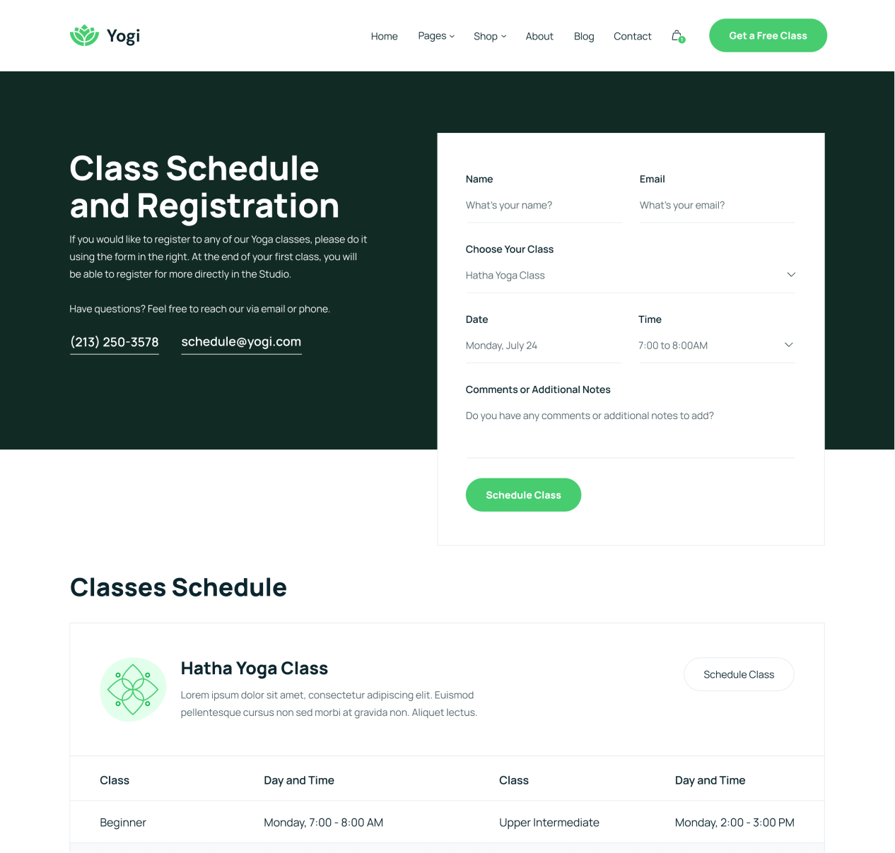 Yogi - Contact Us page - Wellness Webflow Template