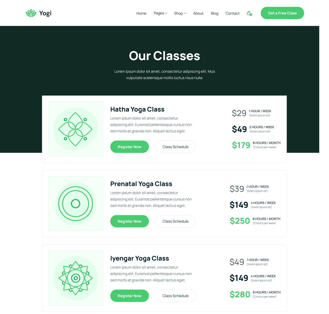 Yogi - Classes page - Wellness Webflow Template