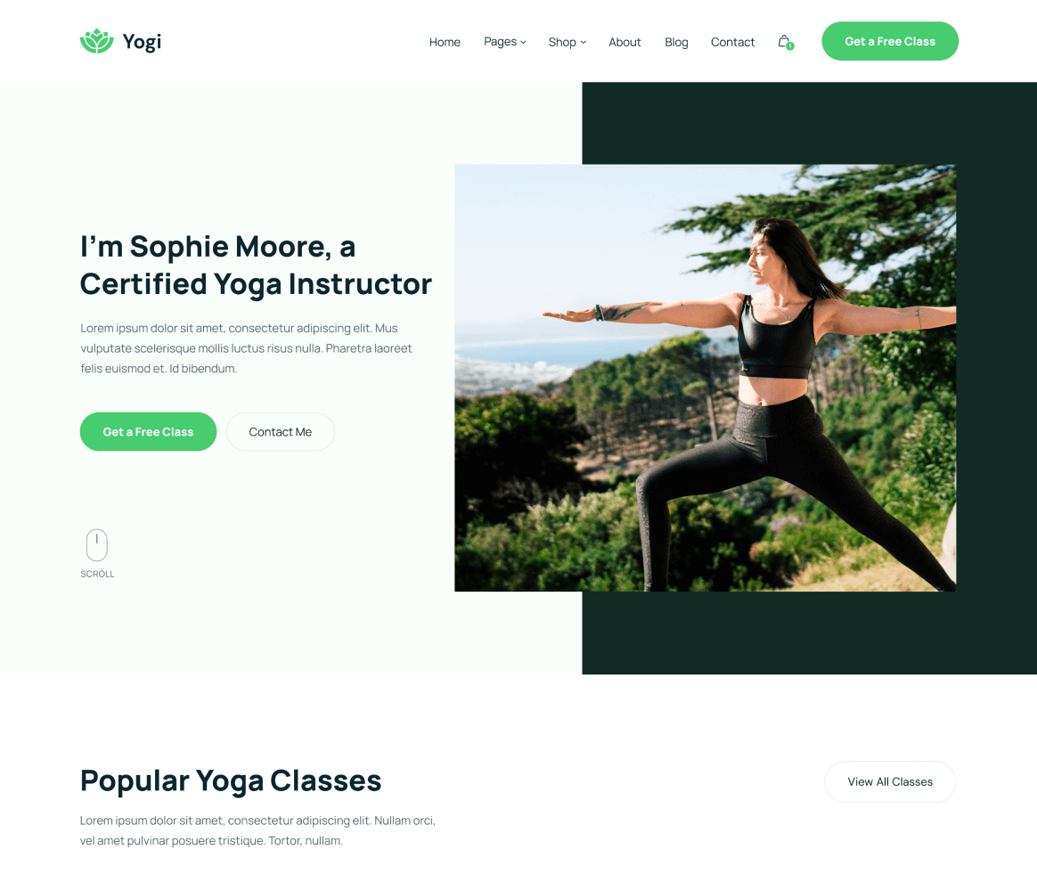 Yogi - Home V1 page - Wellness Webflow Template