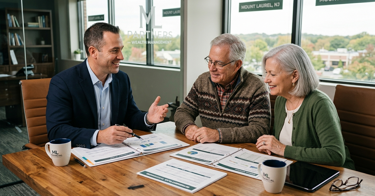 A financial advisor discusses documents with an older couple at a conference table