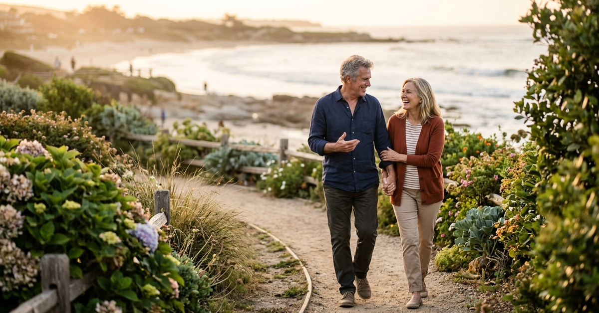 An older couple walking on a coastal path with the ocean behind them
