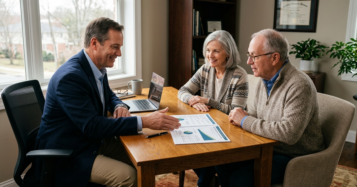 A financial advisor reviews retirement planning documents with a senior couple at a table