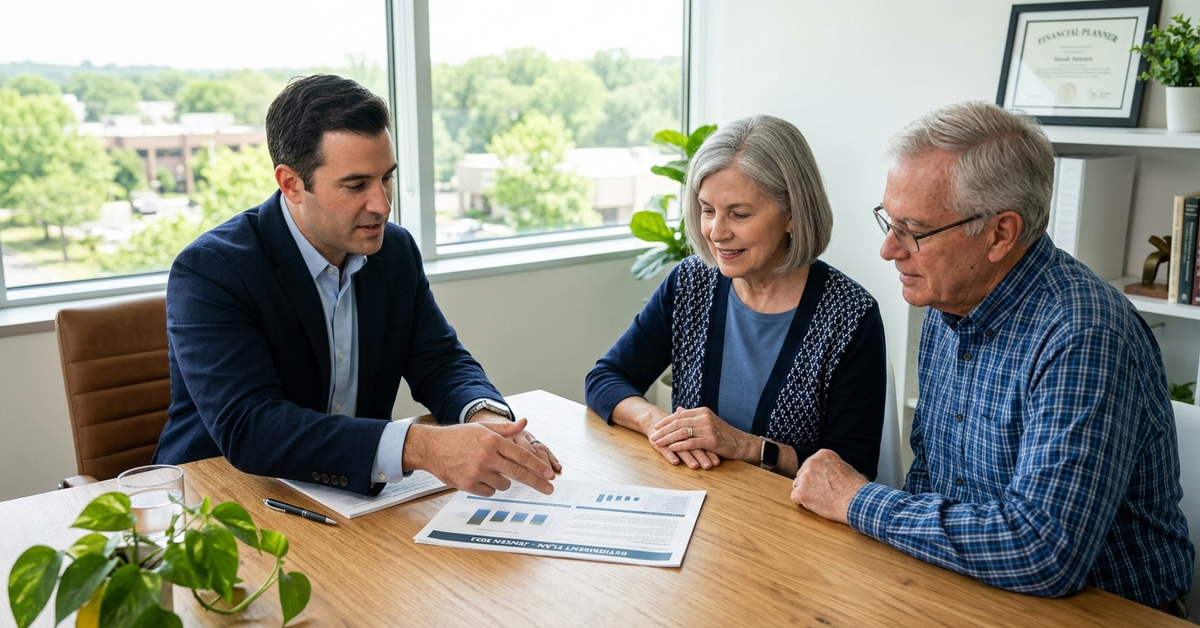 An advisor reviewing a printed fee comparison with an older couple at a table beside a bright window